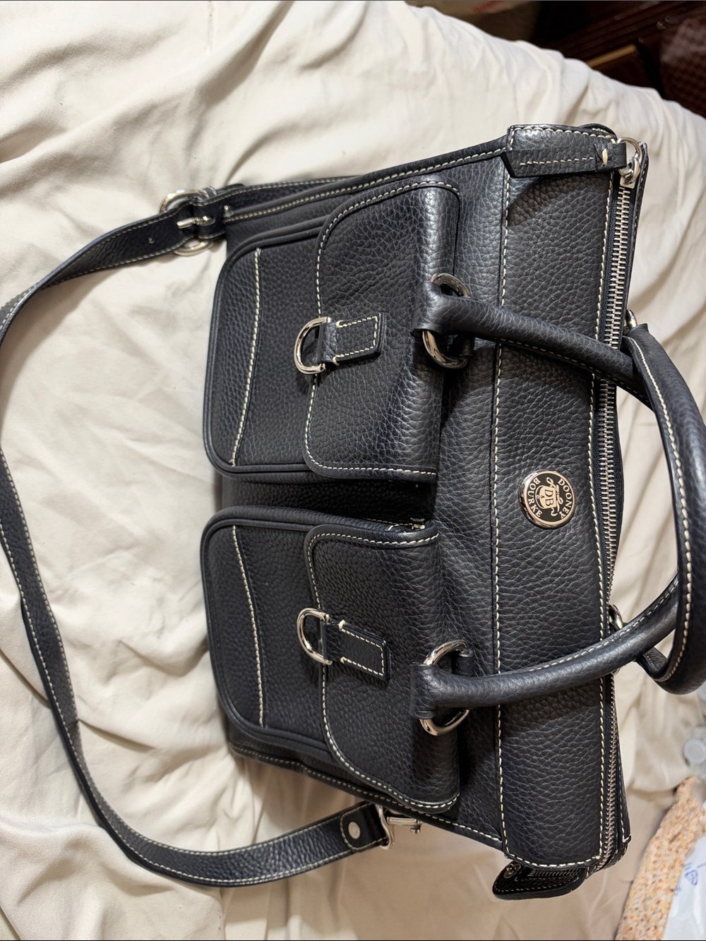 Classic Black Pebbled Leather Tote with Front Pockets